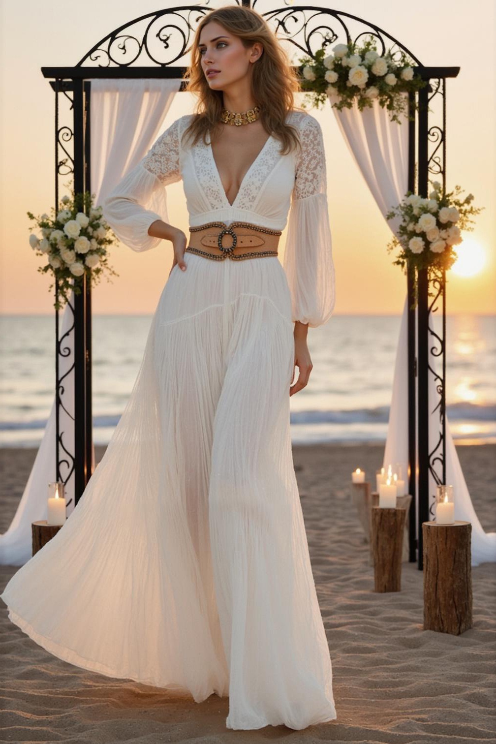 Formal ​Wedding Dress White Deep V Long Sleeve Belted Maxi Dress