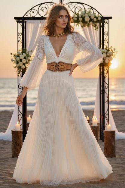 Formal ​Wedding Dress White Deep V Long Sleeve Belted Maxi Dress