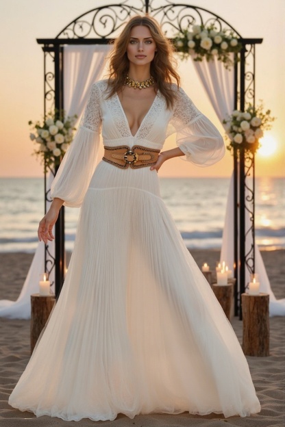 Formal ​Wedding Dress White Deep V Long Sleeve Belted Maxi Dress