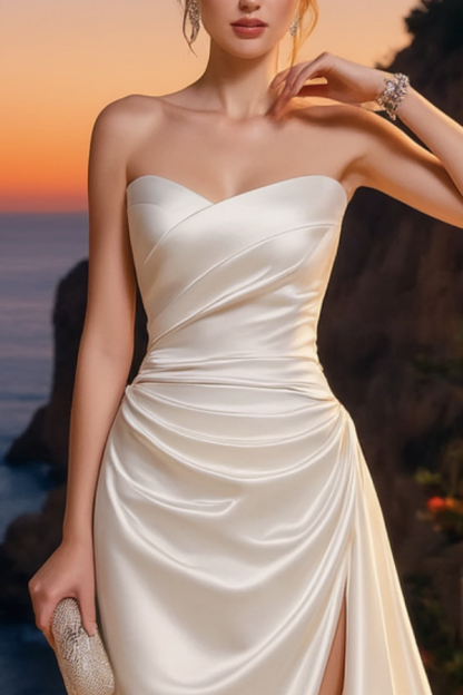 Formal ​Wedding Dress White Strapless Maxi Satin Dress