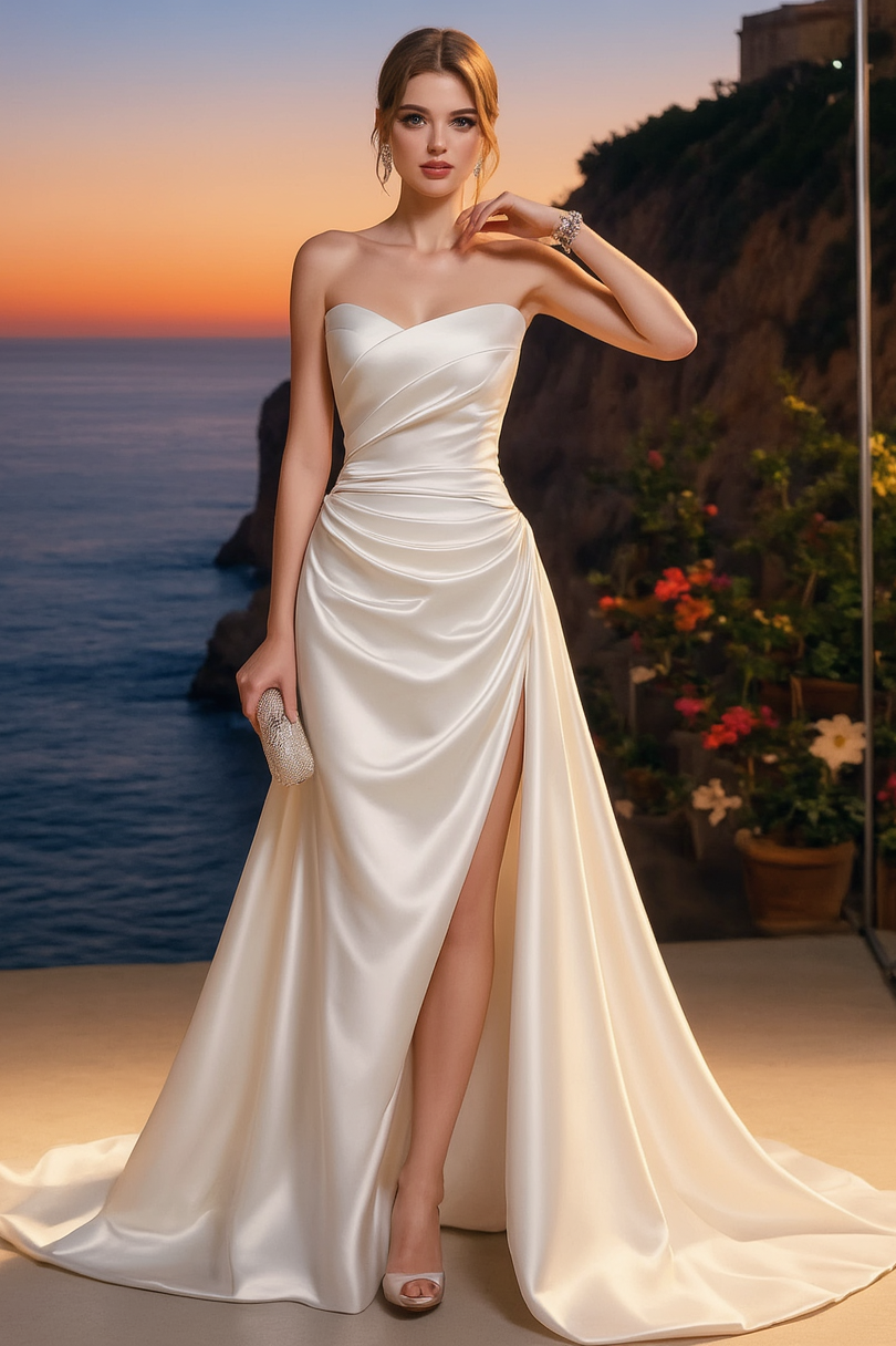 Formal ​Wedding Dress White Strapless Maxi Satin Dress