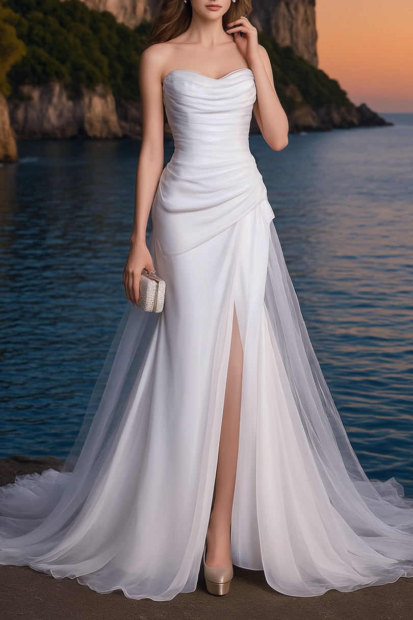 Formal ​Wedding Dress White Strapless Maxi Mesh Dress