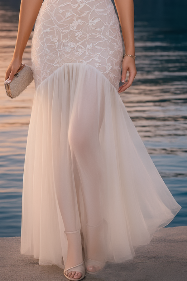 Formal ​Wedding Dress White Strapless Maxi Lace Dress