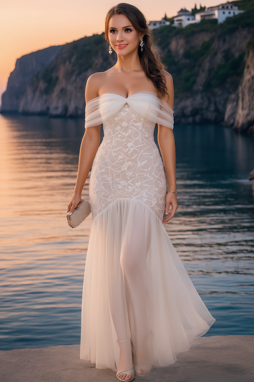 Formal ​Wedding Dress White Strapless Maxi Lace Dress