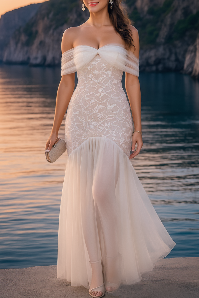 Formal ​Wedding Dress White Strapless Maxi Lace Dress