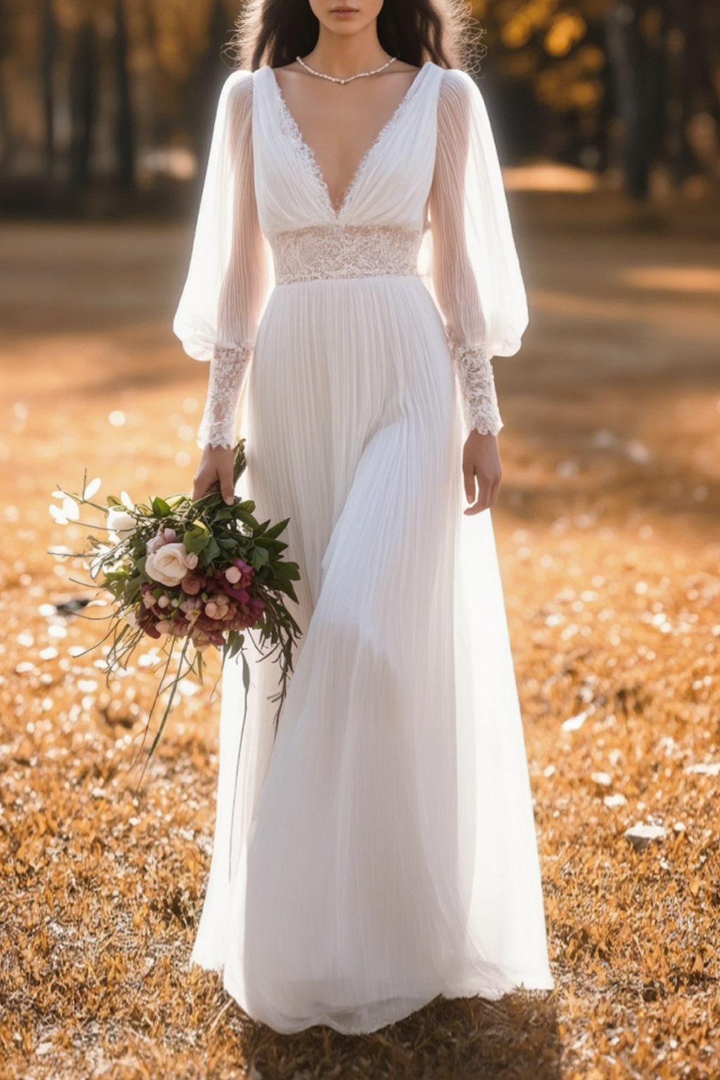 Formal ​Wedding Dress White V Neck Long Sleeve Maxi Lace Dress
