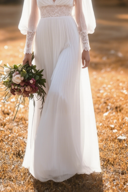 Formal ​Wedding Dress White V Neck Long Sleeve Maxi Lace Dress