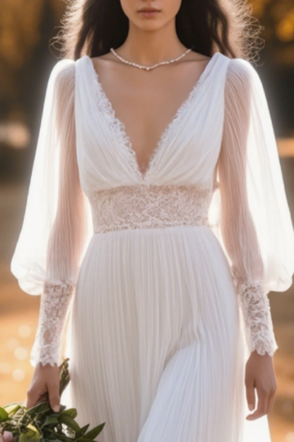 Formal ​Wedding Dress White V Neck Long Sleeve Maxi Lace Dress