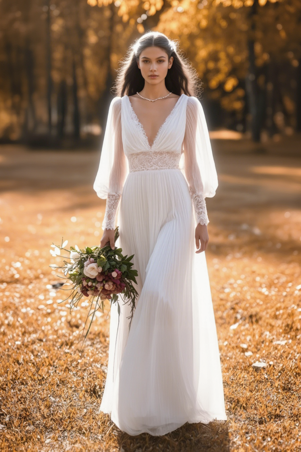Formal ​Wedding Dress White V Neck Long Sleeve Maxi Lace Dress