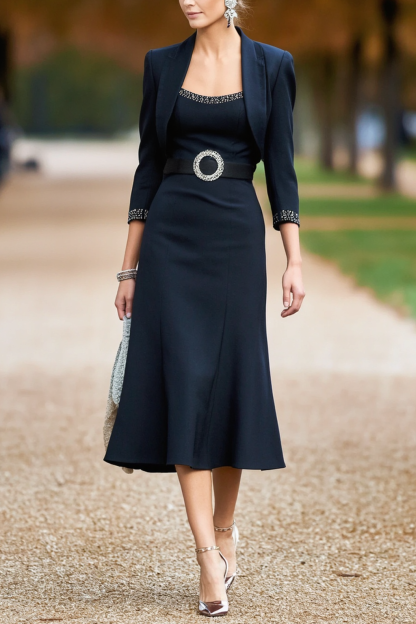 Wedding Outfit Sets ​Dress Navy Midi Mother of the Bride Dress