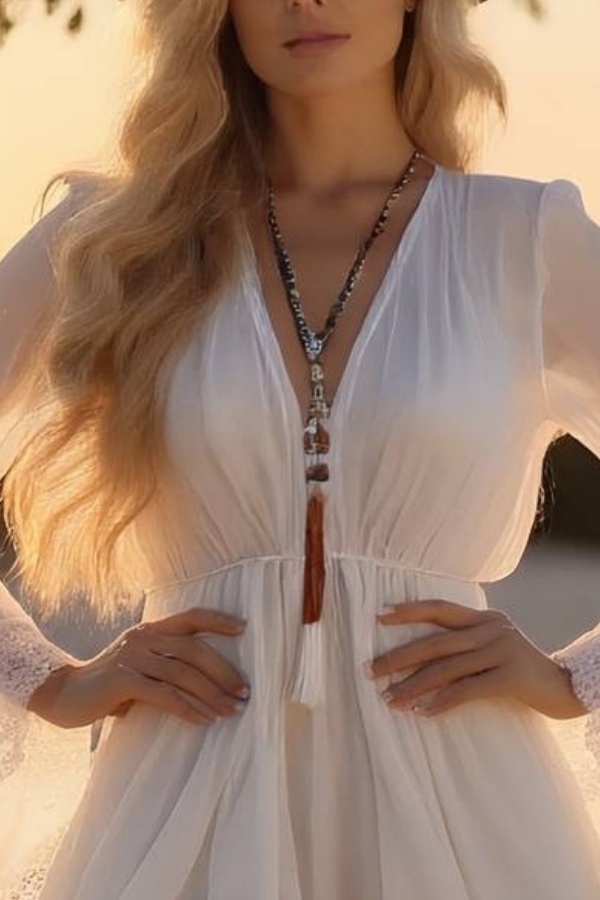 Simple ​Wedding Dress White V Neck Maxi Lace Dress