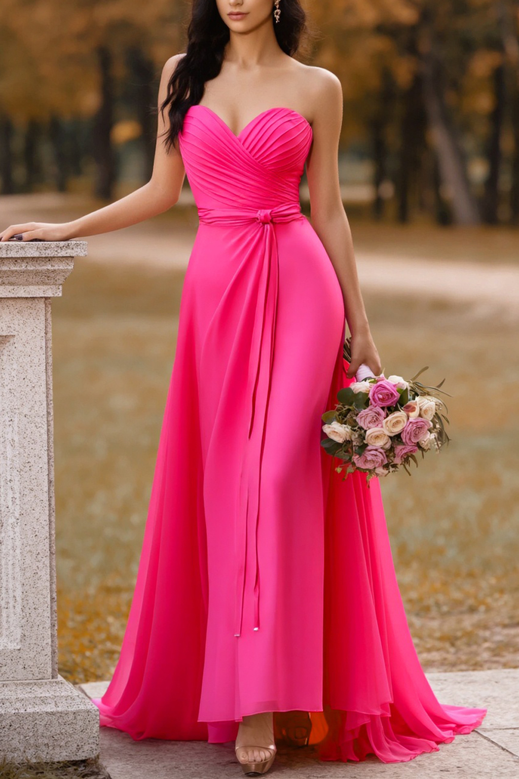 Formal ​Wedding Guest Dress Neon Pink Strapless Maxi Dress