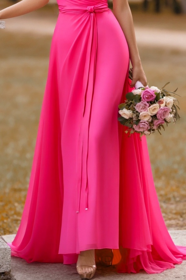 Formal ​Wedding Guest Dress Neon Pink Strapless Maxi Dress