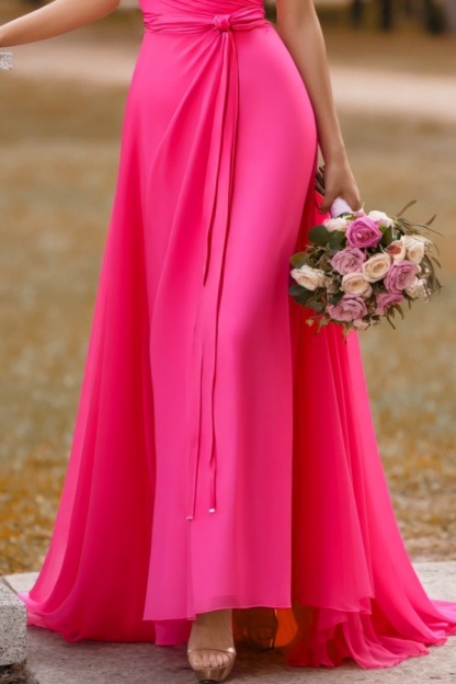 Formal ​Wedding Guest Dress Neon Pink Strapless Maxi Dress