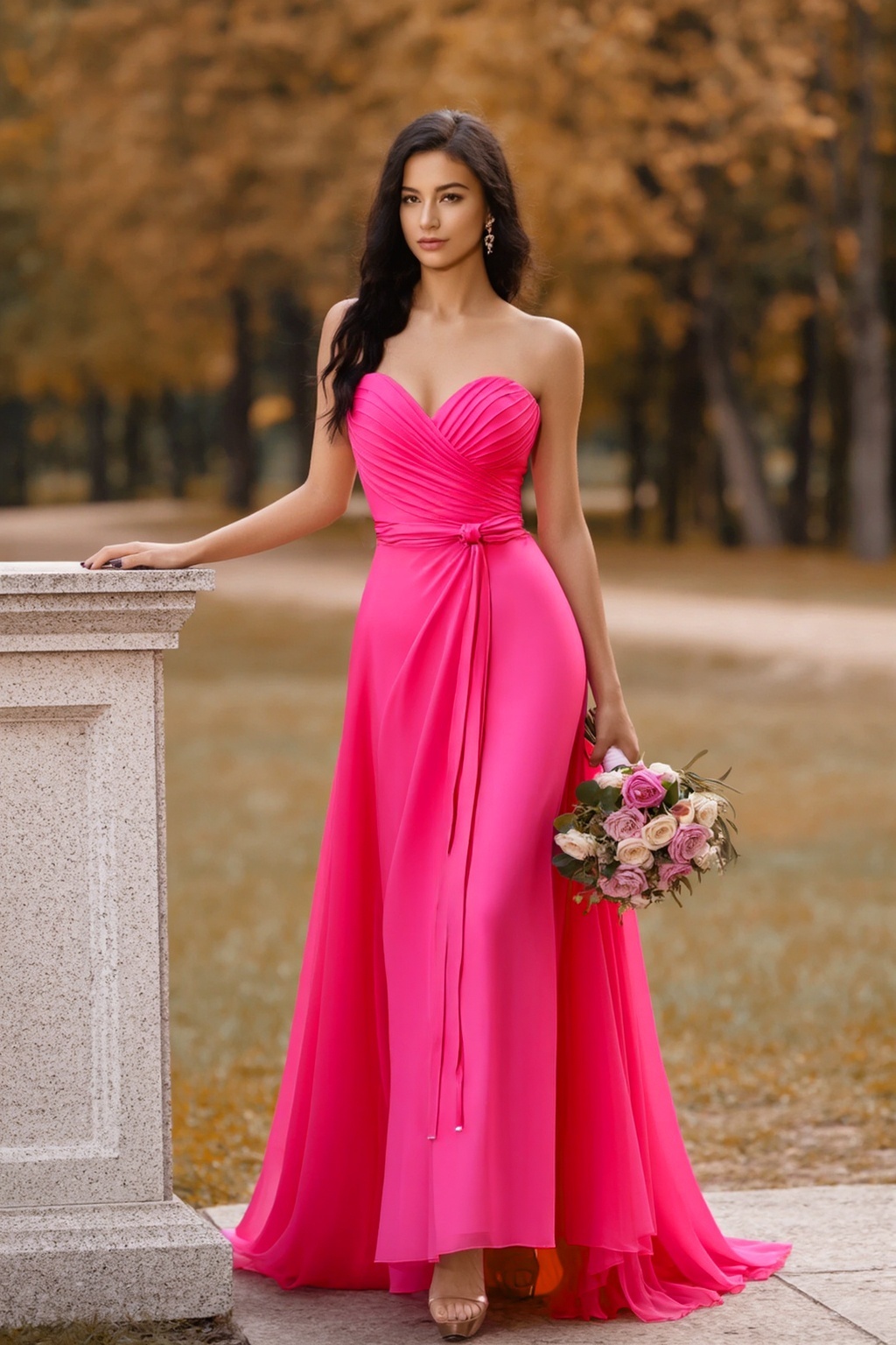 Formal ​Wedding Guest Dress Neon Pink Strapless Maxi Dress