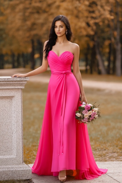 Formal ​Wedding Guest Dress Neon Pink Strapless Maxi Dress