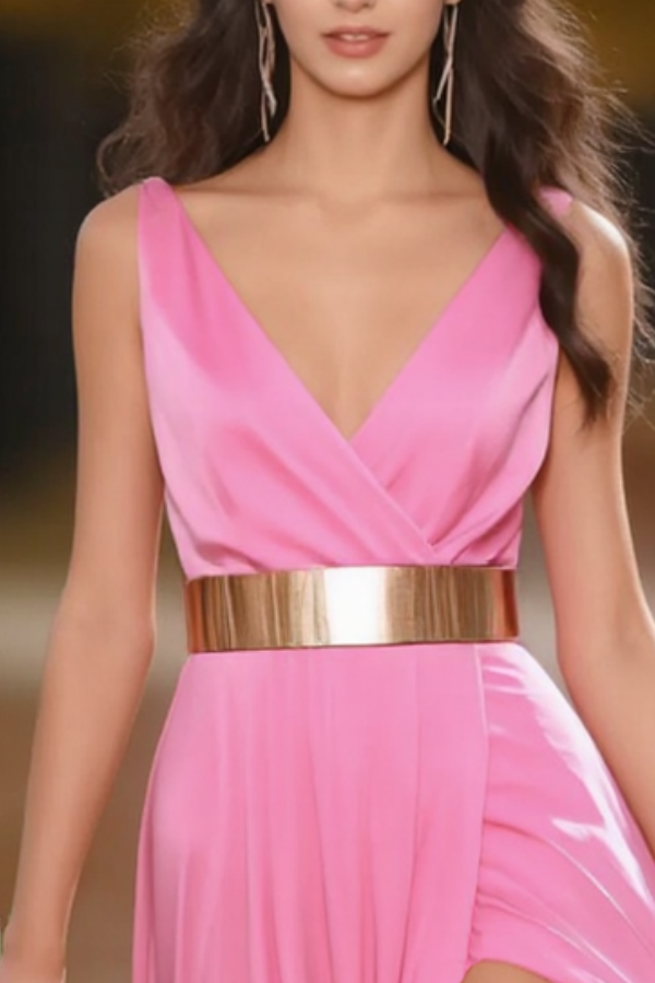 Formal ​Wedding Guest Dress Neon Pink V Neck Belted Maxi Dress