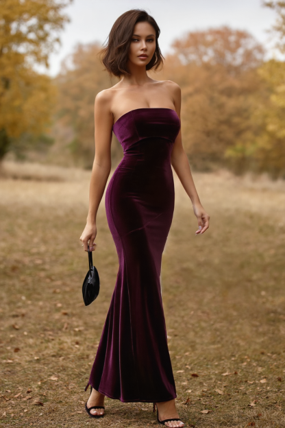 Formal ​Wedding Guest Dress Dark Purple Strapless Velvet Maxi Dress