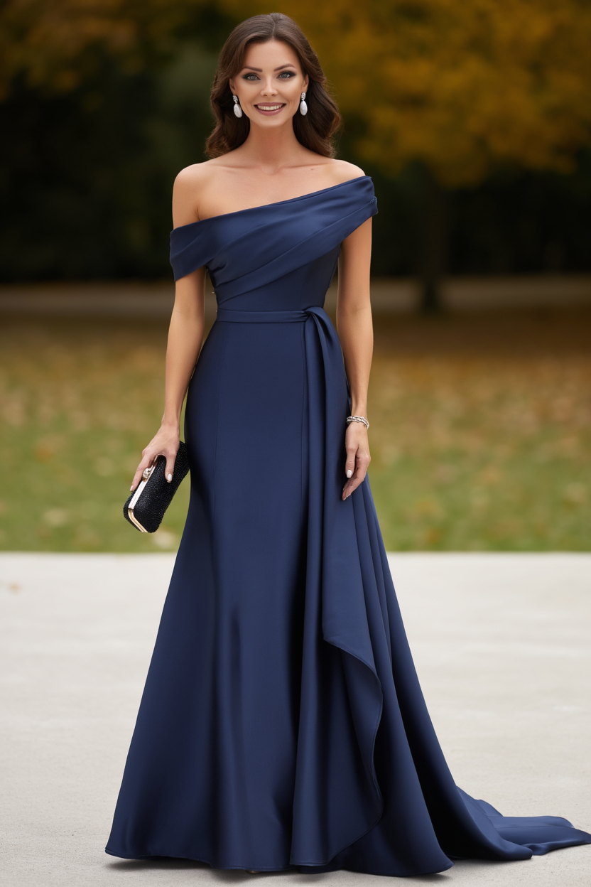Formal ​Wedding Guest Dress Navy Off Shoulder Maxi Dress