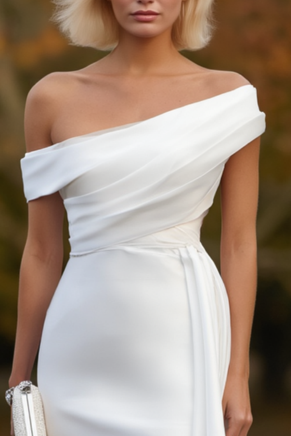 Wedding Dress White Off Shoulder with Train Midi Dress