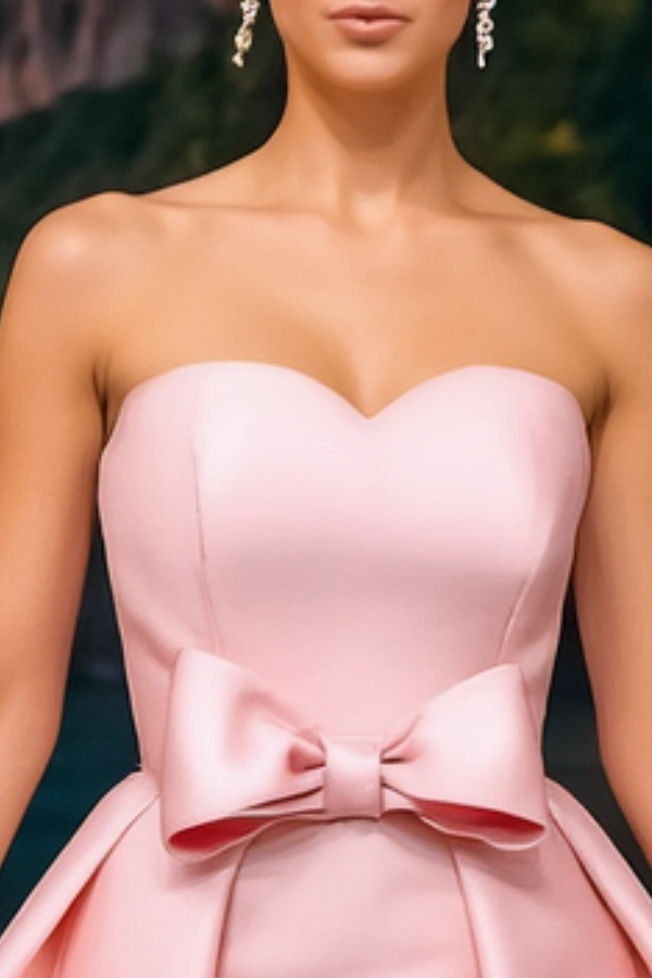 Formal ​Evening Dress Pink Strapless with Train Bow Maxi Dress