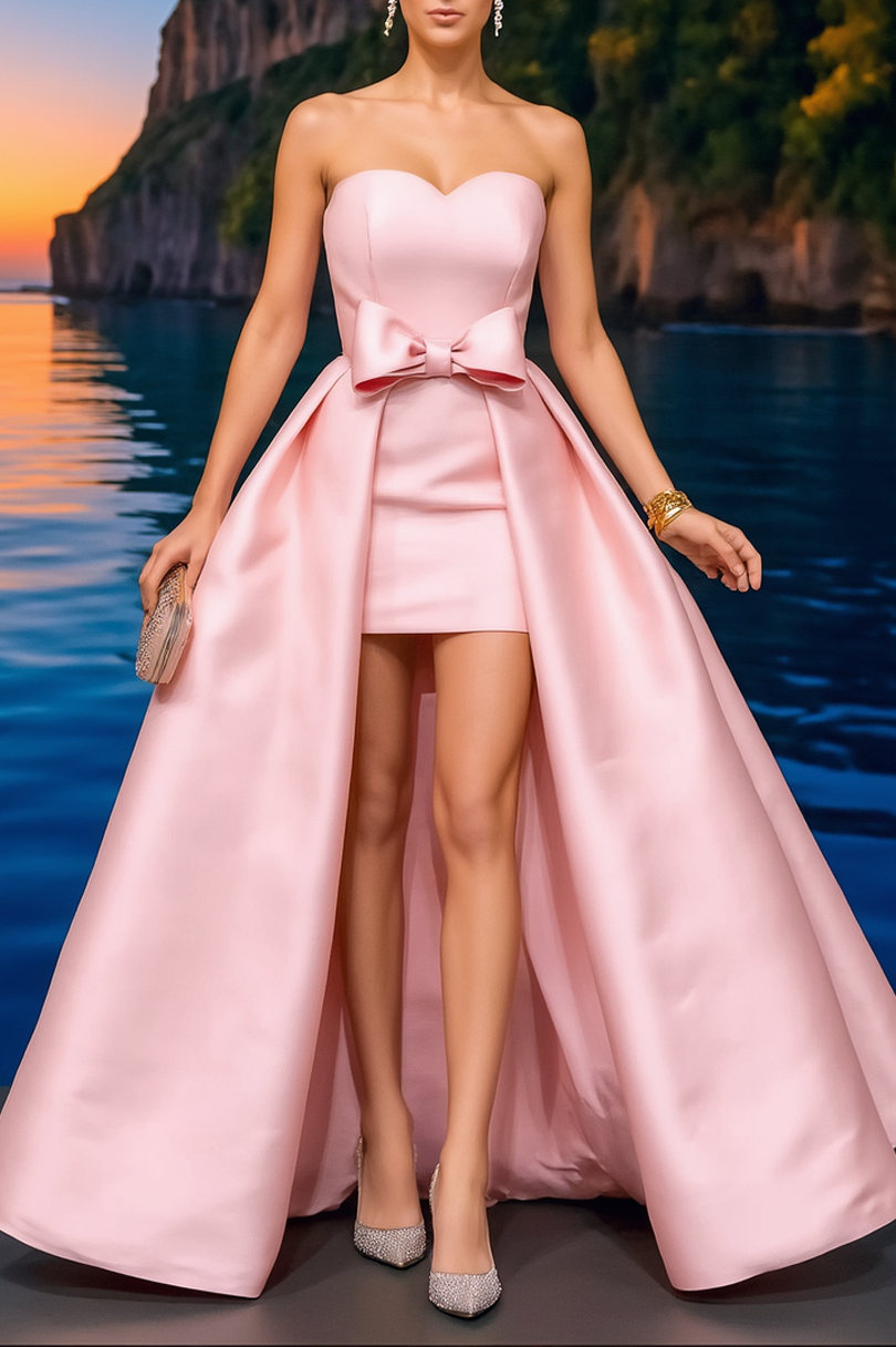 Formal ​Evening Dress Pink Strapless with Train Bow Maxi Dress