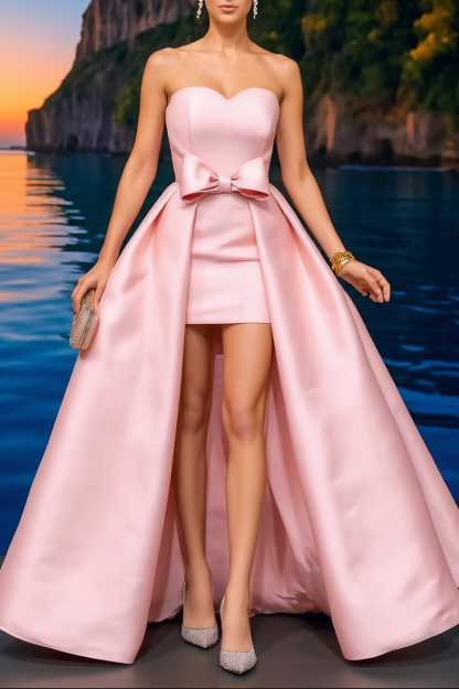 Formal ​Evening Dress Pink Strapless with Train Bow Maxi Dress