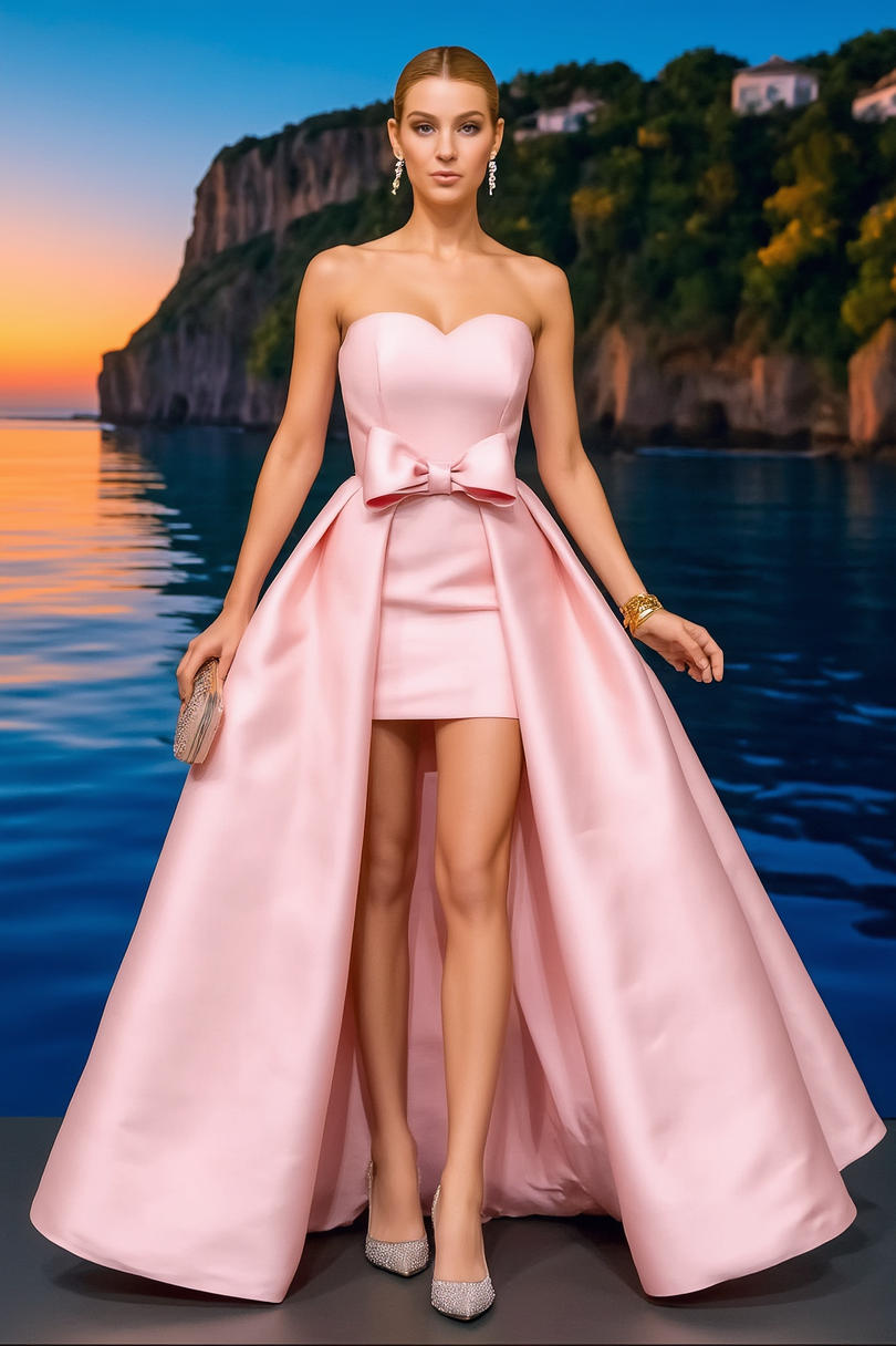 Formal ​Evening Dress Pink Strapless with Train Bow Maxi Dress