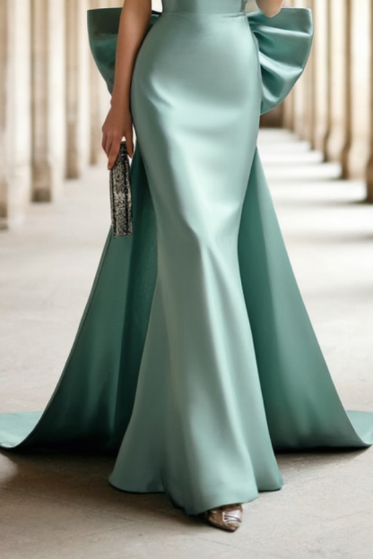 Formal ​Evening Dress Green Wide Strape with Train Bow Maxi Dress