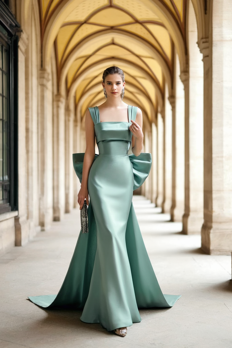 Formal ​Evening Dress Green Wide Strape with Train Bow Maxi Dress