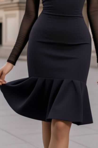 Cocktail Party Dress Navy Square Neck Long Sleeve Mesh Mini Dress