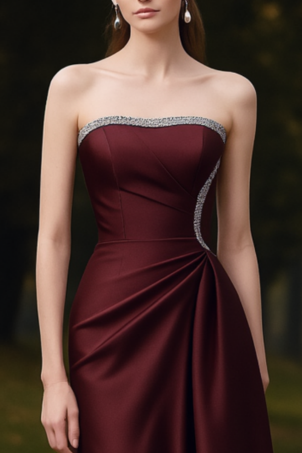 Formal ​Evening Dress Burgundy Strapless Rhinestones Maxi Dress