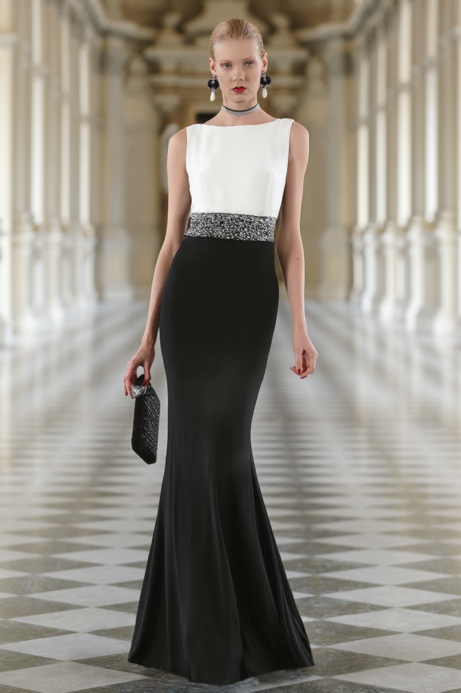 Formal ​Evening Dress Black White Crew Neck Belted Maxi Dress