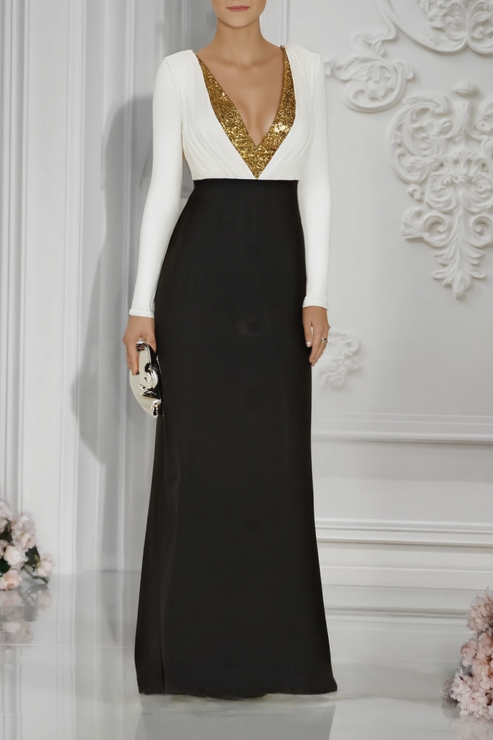 Formal ​Evening Dress Black White Deep V Colorblock Long Sleeve Maxi Dress