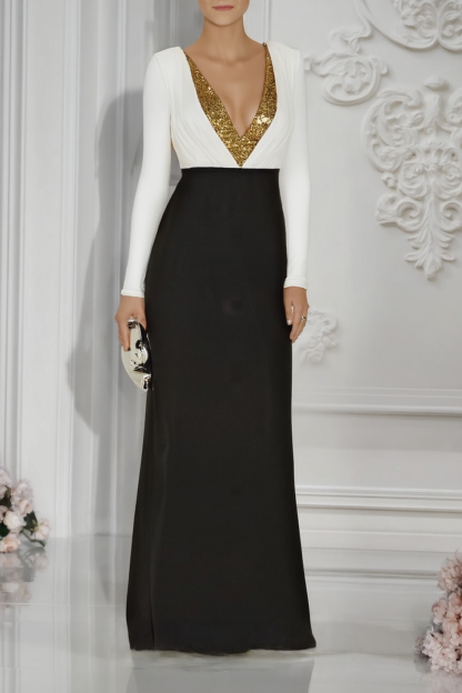 Formal ​Evening Dress Black White Deep V Colorblock Long Sleeve Maxi Dress