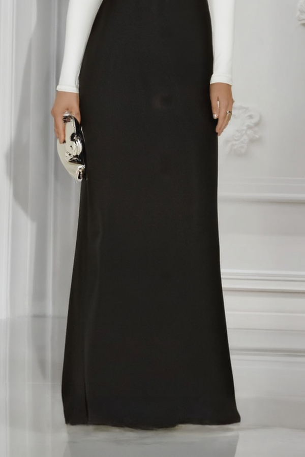 Formal ​Evening Dress Black White Deep V Colorblock Long Sleeve Maxi Dress