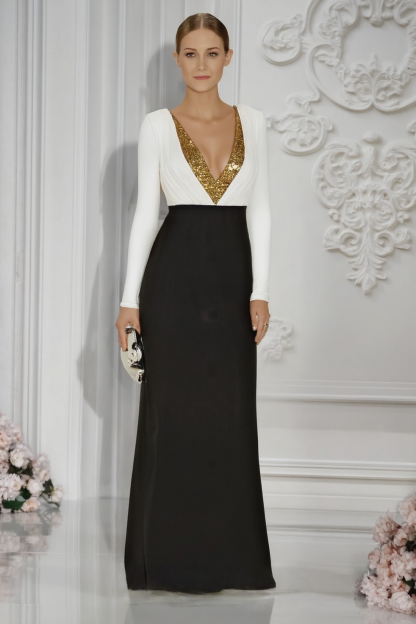 Formal ​Evening Dress Black White Deep V Colorblock Long Sleeve Maxi Dress