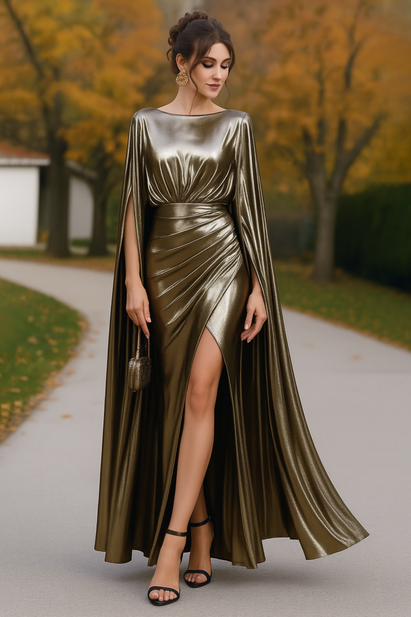 Wedding Guest Dress Green Crew Neck Ruched Maxi Dress