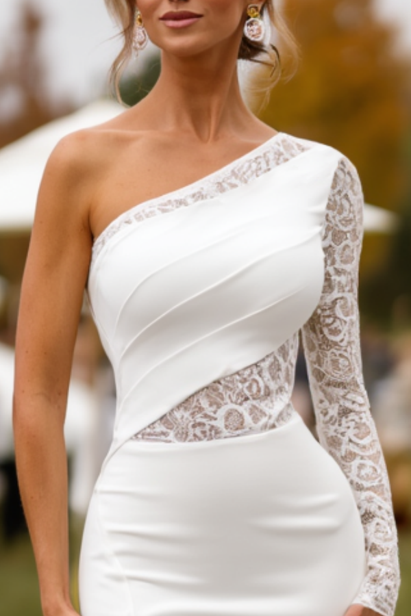 Formal ​Wedding Dress White One Shoulder Maxi Lace Dress