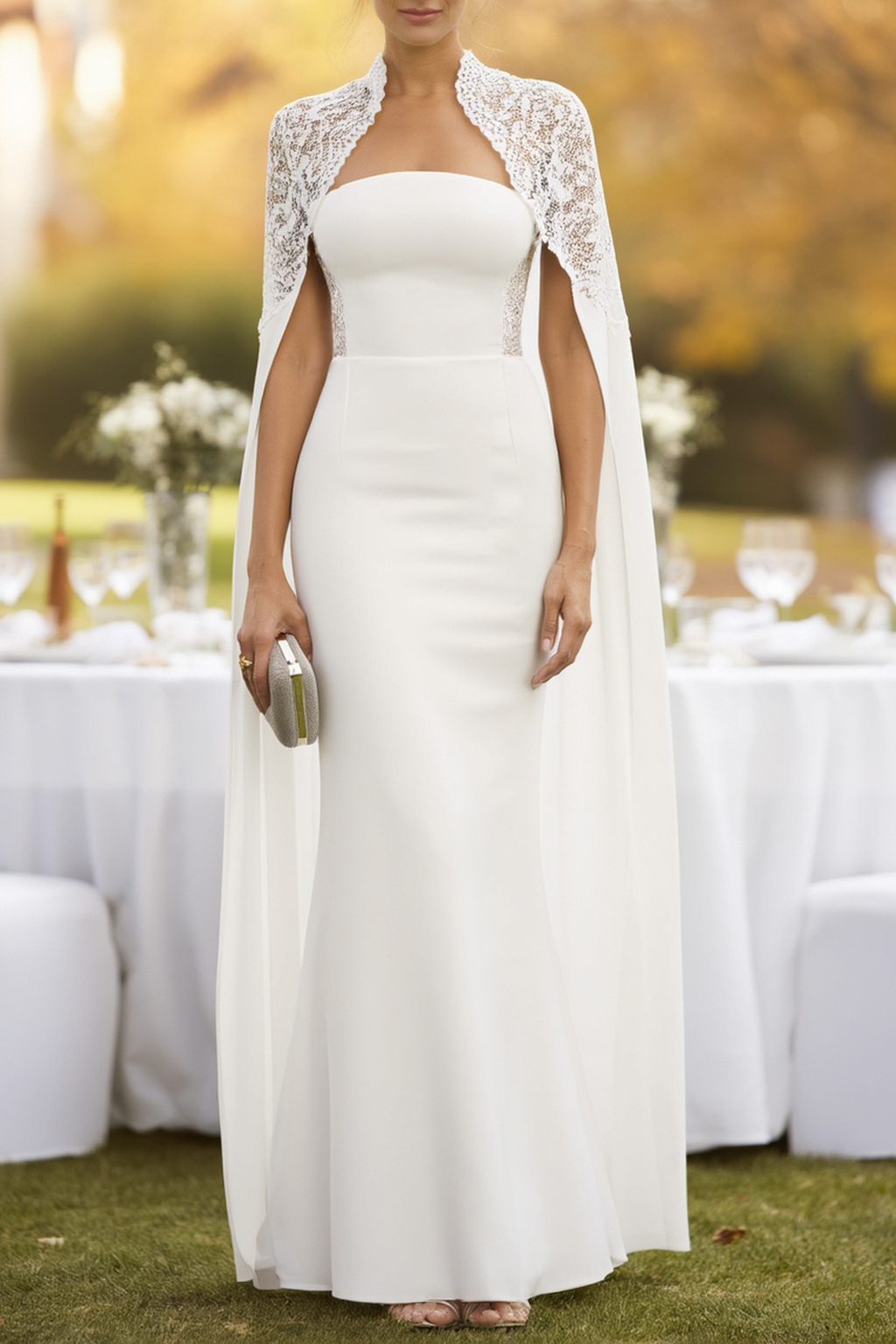 Wedding Dress White Strapless Cape Maxi Lace Dress