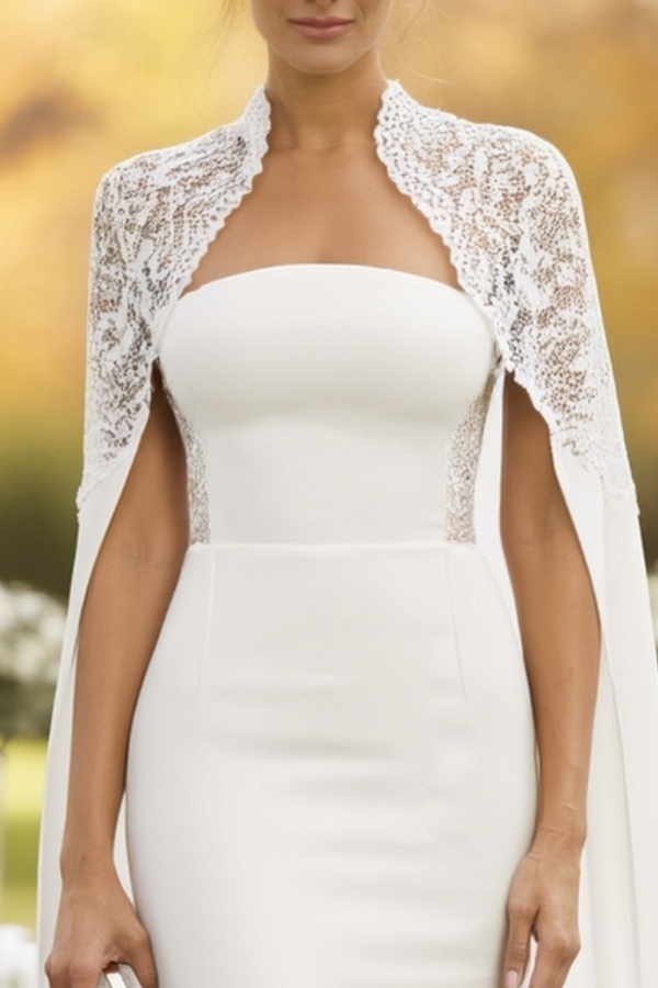 Wedding Dress White Strapless Cape Maxi Lace Dress
