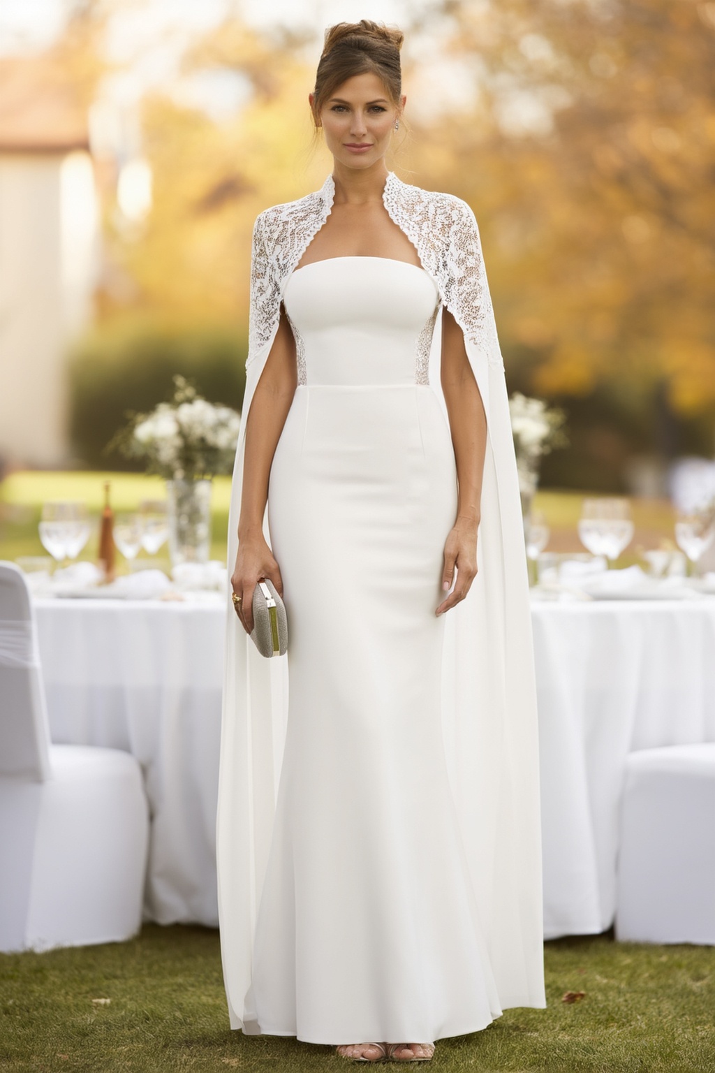 Wedding Dress White Strapless Cape Maxi Lace Dress