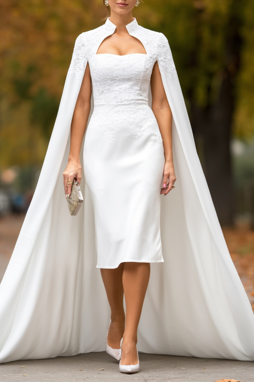 Wedding Dress White Stand Collar Cape Knee-Length Lace Dress