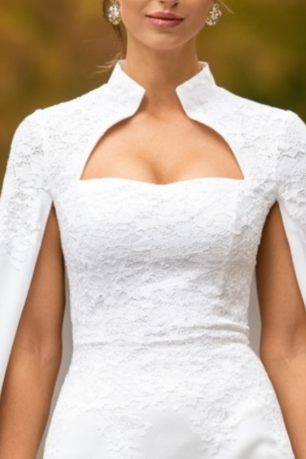 Wedding Dress White Stand Collar Cape Knee-Length Lace Dress