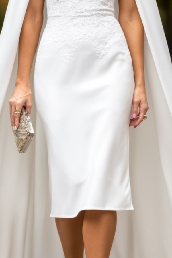 Wedding Dress White Stand Collar Cape Knee-Length Lace Dress