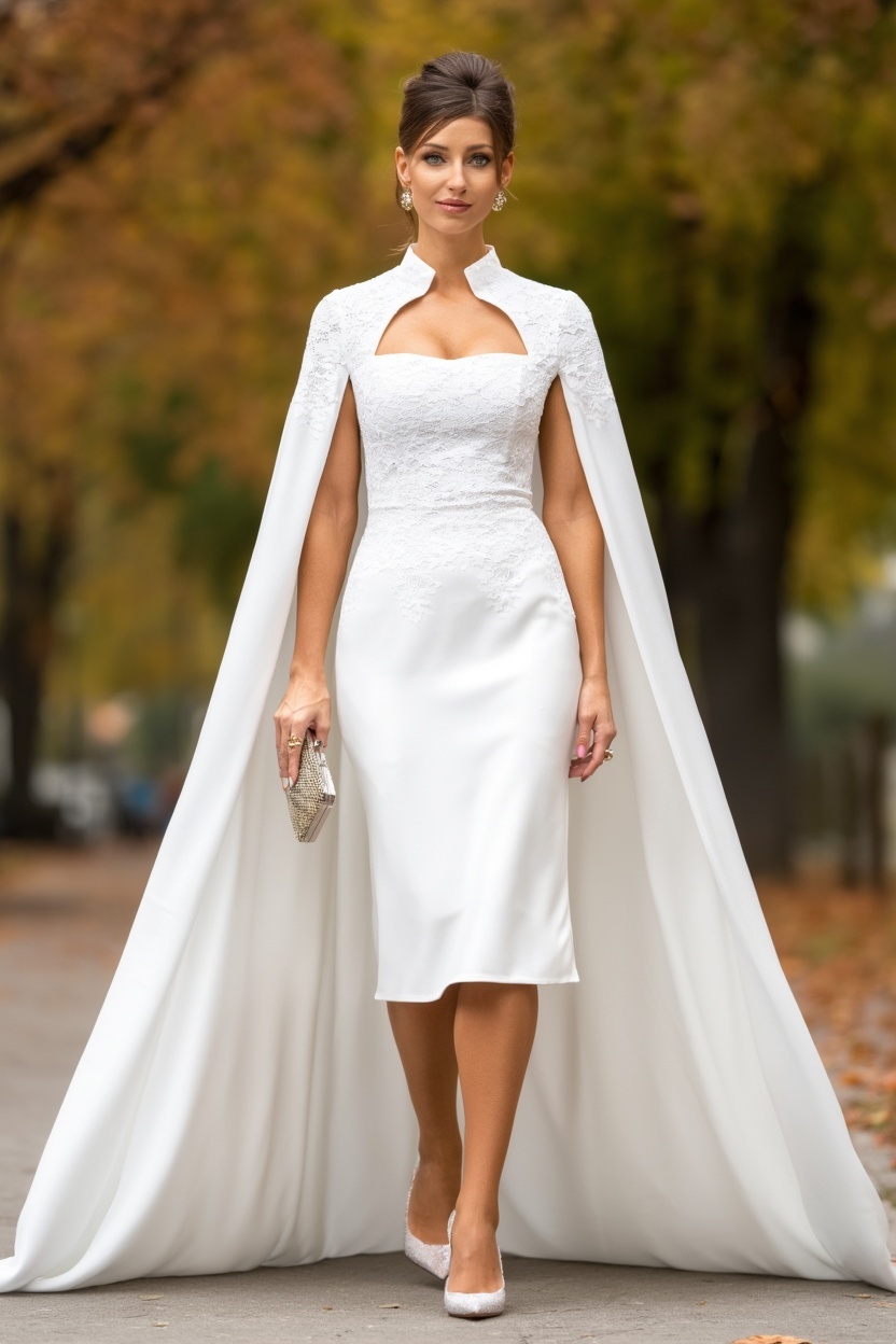 Wedding Dress White Stand Collar Cape Knee-Length Lace Dress