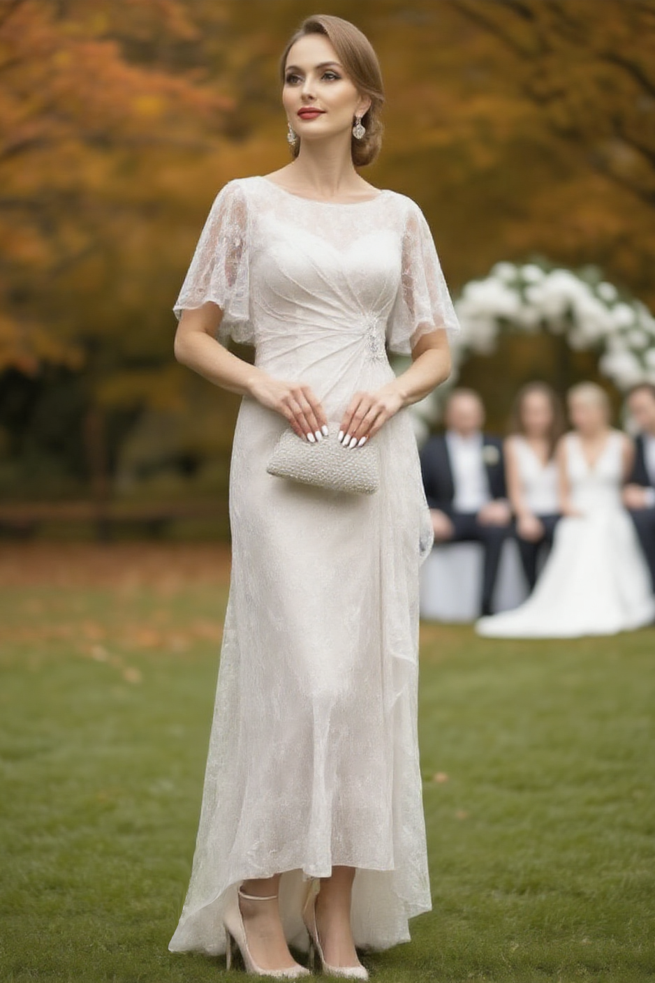 Vestido de la madre de la novia vestido largo de encaje beige con cuello  redondo – chiclody, image size:938x1408