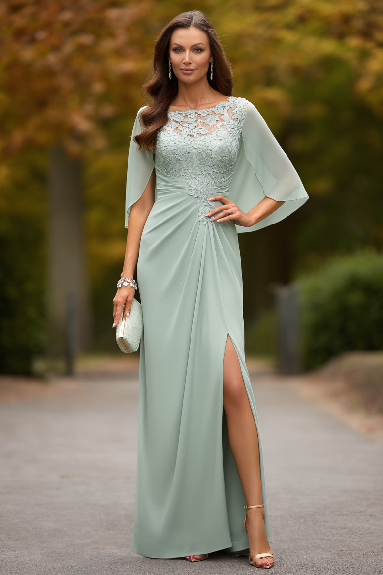 Wedding Dress Green Crew Neck Lace Maxi Mother of the Bride Dress