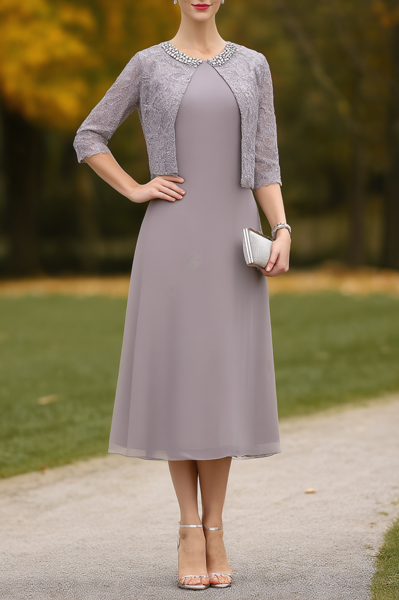 Wedding Dress Purple Crew Neck Midi Mother of the Bride Dress