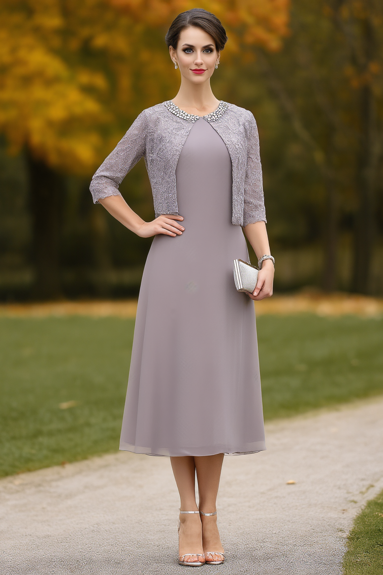 Wedding Dress Purple Crew Neck Midi Mother of the Bride Dress